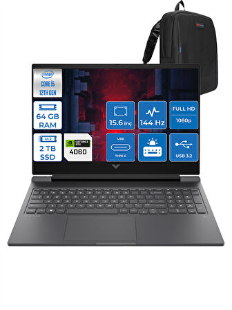 HP Victus Gaming 15 Intel Core I5 12500H 64GB 2tb SSD 8GB/RTX4060/75W Windows 11 Home 15.6" 144Hz IPS 9ms Taşınabilir Bilgisayar HP03C7EAH18 + Zettaçanta