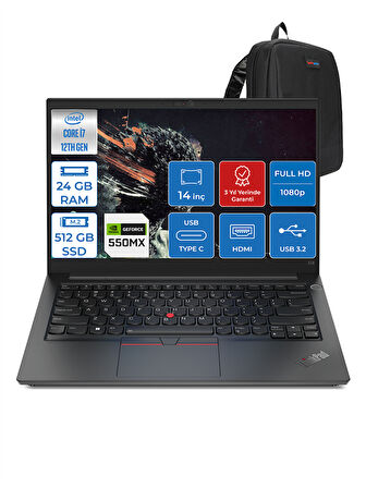 Thinkpad E14 G4 Intel Core I7-1255U 24GB 512GB SSD 2GB/MX550 14" IPS Fhd Freedos Taşınabilir Bilgisayar 21E3S0S60F03 + Zettaçanta