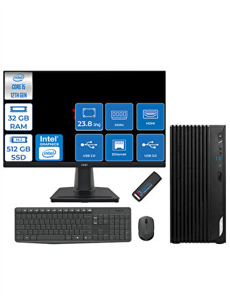 MSI Pro DP180 Intel Core I5 12400 32GB 512GB SSD Intel UHD Grafik 23.8" Monitör Freedos Masaüstü Bilgisayar MON23422XTRF08 + Zettausbbellek