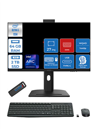 Msı Modern Aı Intel Core Ultra 5 125H 64GB Ddr5 2tb SSD Intel® Arc™ Graphics WIN11HOME 27" 2k Wqhd Yapay Zeka Destekli All In One Bilgisayar AM273QPH19 + Zettausbbellek