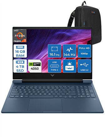 Victus 16-S0022NT Ryzen 7 7840HS 16GB Ddr5 4tb SSD 6GB/RTX4050/120W 16.1" 144Hz IPS Fhd Freedos Taşınabilir Bilgisayar HP7Z588EAF03 + Zettaçanta