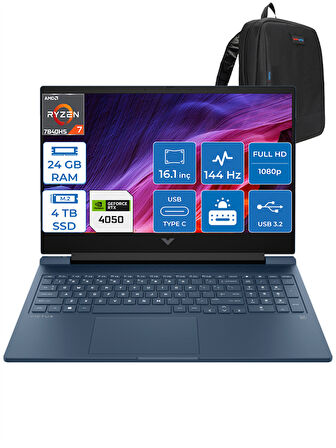 Victus 16-S0022NT Ryzen 7 7840HS 24GB Ddr5 4tb SSD 6GB/RTX4050/120W 16.1" 144Hz IPS Fhd Freedos Taşınabilir Bilgisayar HP7Z588EAF07 + Zettaçanta