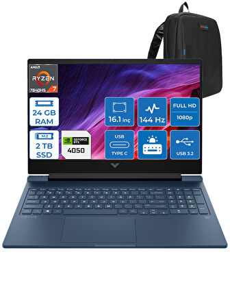 Victus 16-S0022NT Ryzen 7 7840HS 24GB Ddr5 2tb SSD 6GB/RTX4050/120W 16.1" 144Hz IPS Fhd Windows 11 Home Taşınabilir Bilgisayar HP7Z588EAH06 + Zettaçanta
