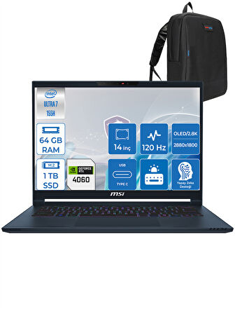 MSI Stealth 14 Aı Studıo Ultra 7 155H 64GB Ddr5 1tb SSD 8GB/RTX4060/105W 14" 2.8k OLED 120Hz Windows 11 Pro Taşınabilir Bilgisayar MSA1VFGP16 + Zettaçanta