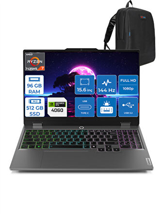 Lenovo Loq Amd Ryzen 7 7435HS 96GB Ddr5 512GB SSD 8GB/RTX4060/105W Freedos 15.6" Fhd 144Hz Yapay Zeka Destekli Taşınabilir Bilgisayar LQ83JC00E7TRF25 + Zettaçanta