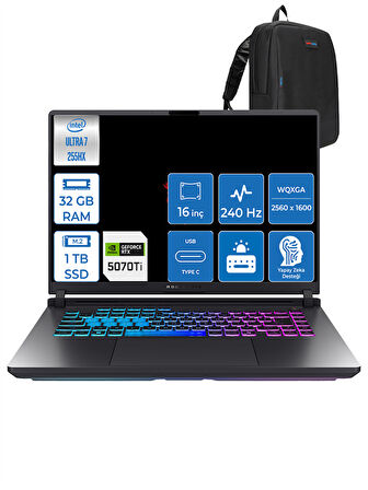 Asus Rog Strix G16 Intel Core Ultra 7 255HX 32GB Ddr5 1tb SSD 12GB/RTX5070TI/140W WIN11HOME 16" 2.5k 240Hz Wqxga Yapay Zeka Destekli Taşınabilir Bilgisayar G615LRH10 + Zettaçanta