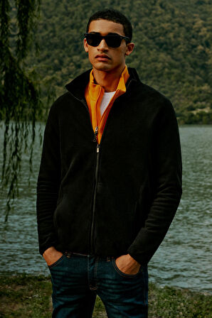 Erkek Siyah Anti-pilling Tüylenme Yapmayan Standart Fit Bato Yaka Sweatshirt Polar Ceket