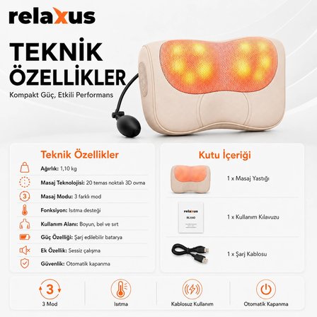 RLX40 Taşınabilir Şişirilebilir Ovmalı Isıtmalı Masaj Yastığı Boyun, Bel ve Sırt Şarjlı Masaj Aleti