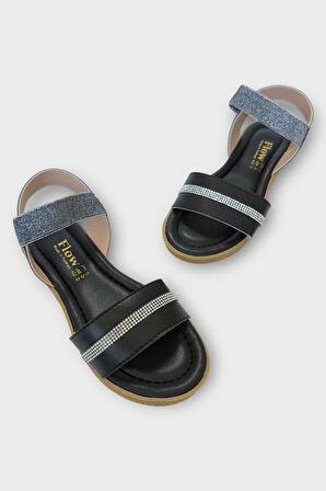 Kadın Taşlı Tek Bant Lastik Detaylı Sandalet SİYAH