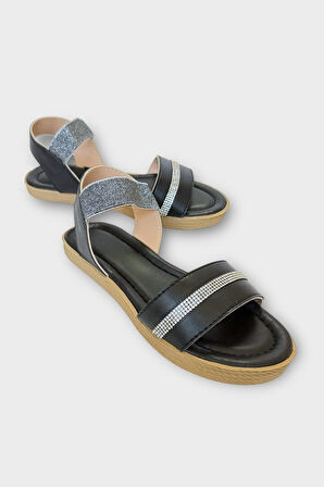 Kadın Taşlı Tek Bant Lastik Detaylı Sandalet SİYAH