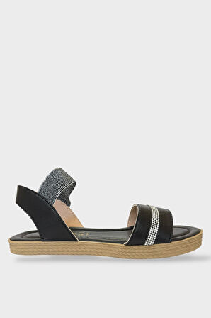 Kadın Taşlı Tek Bant Lastik Detaylı Sandalet SİYAH