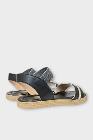 Kadın Taşlı Tek Bant Lastik Detaylı Sandalet SİYAH