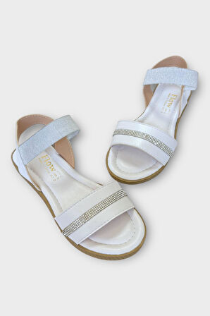 Kadın Taşlı Tek Bant Lastik Detaylı Sandalet BEYAZ