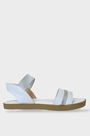 Kadın Taşlı Tek Bant Lastik Detaylı Sandalet BEYAZ