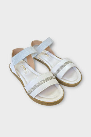 Kadın Taşlı Tek Bant Lastik Detaylı Sandalet BEYAZ