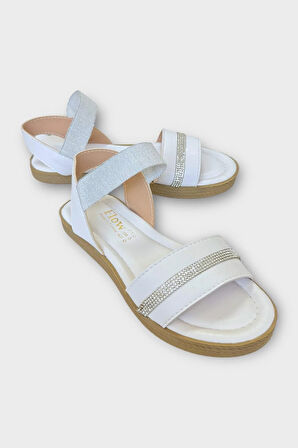 Kadın Taşlı Tek Bant Lastik Detaylı Sandalet BEYAZ