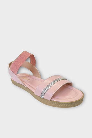 Kadın Taşlı Tek Bant Lastik Detaylı Sandalet PUDRA