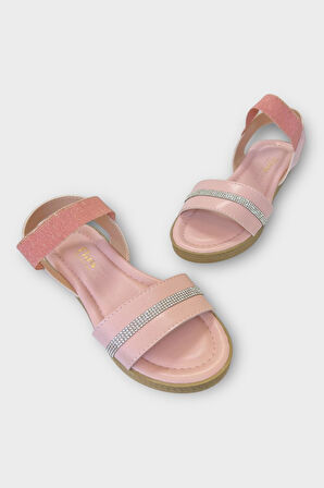 Kadın Taşlı Tek Bant Lastik Detaylı Sandalet PUDRA