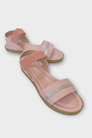 Kadın Taşlı Tek Bant Lastik Detaylı Sandalet PUDRA