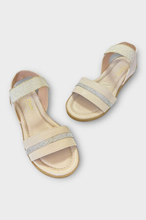 Kadın Taşlı Tek Bant Lastik Detaylı Sandalet KREM