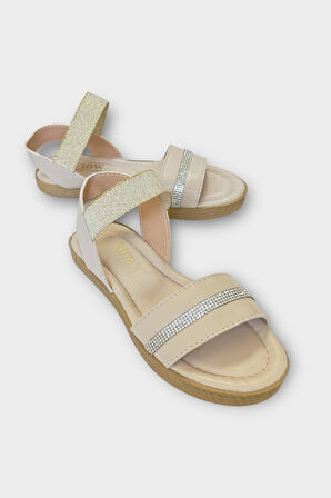 Kadın Taşlı Tek Bant Lastik Detaylı Sandalet KREM