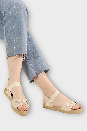 Kadın Tek Bant Aksesuarlı  Bilek Lastik Detaylı Sandalet BEJ