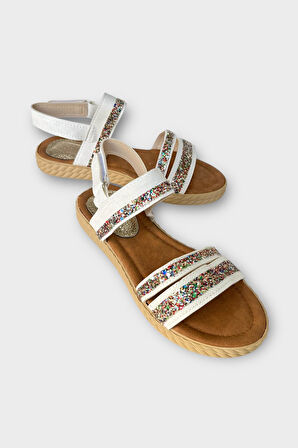 Kadın Cırtlı Bant Detaylı Sandalet BEYAZ