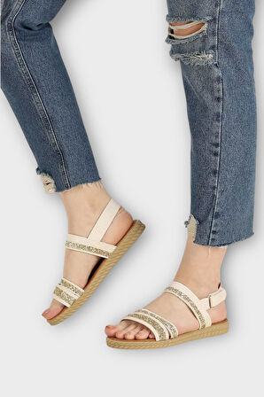 Kadın Cırtlı Bant Detaylı Sandalet KREM