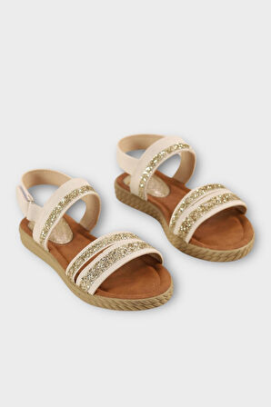 Kadın Cırtlı Bant Detaylı Sandalet KREM