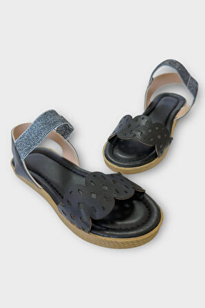 Kadın Tek Bant Lastik Detaylı Lazer Kesim Yazlık Sandalet SİYAH