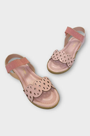 Kadın Tek Bant Lastik Detaylı Lazer Kesim Yazlık Sandalet PUDRA