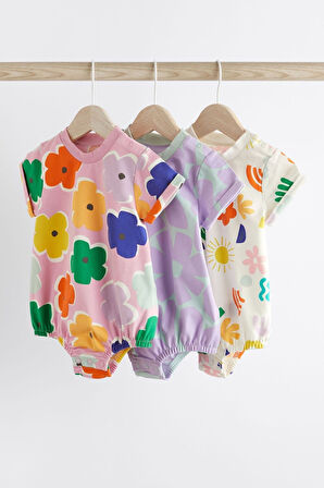 Next Baby New % 100 Pamuklu Çoklu Parlak Baskı Romper 3’lü Set
