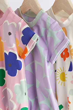 Next Baby New % 100 Pamuklu Çoklu Parlak Baskı Romper 3’lü Set
