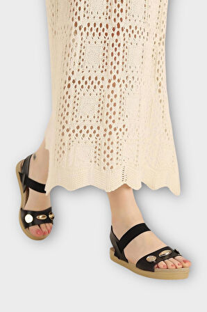 Kadın Tek Bant Aksesuarlı  Bilek Lastik Detaylı  Sandalet SİYAH