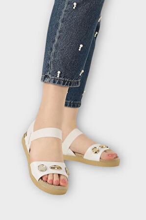 Kadın Tek Bant Aksesuarlı  Bilek Lastik Detaylı  Sandalet BEYAZ