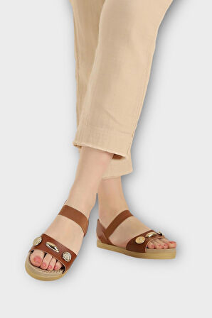 Kadın Tek Bant Aksesuarlı  Bilek Lastik Detaylı  Sandalet TABA