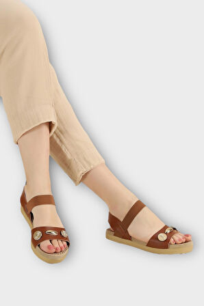 Kadın Tek Bant Aksesuarlı  Bilek Lastik Detaylı  Sandalet TABA