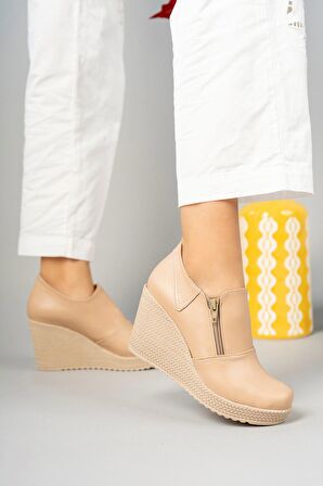 Dolgu Taban Yandan Fermuarlı Nut Cilt Ayakkabı