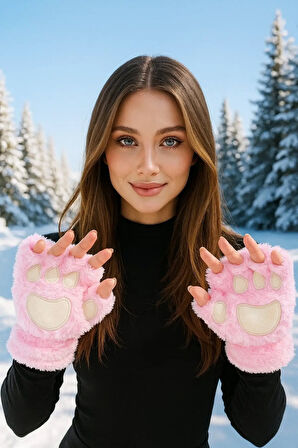 Mars Baby Kadın Kız Parmaksız Patili Pembe Peluş Eldiven