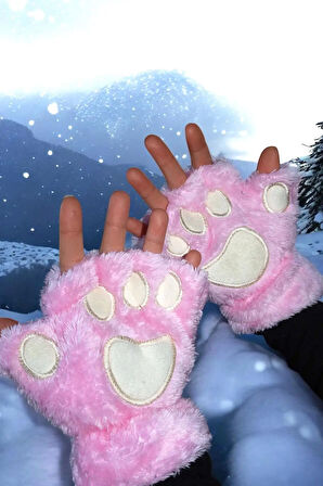 Mars Baby Kadın Kız Parmaksız Patili Pembe Peluş Eldiven