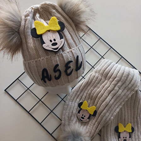 MARS BABY Bebek Kız Çocuk İsimli Bej Sarı Minnie Çift Ponponlu Atkı Bere Takımı