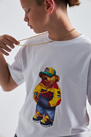 Teddy Bear Snow Beach  Baskılı %100 Pamuk Erkek Oversize Çocuk Tişört