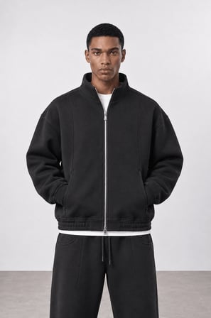 Erkek Crop Fit Panda Oversize Zip Siyah