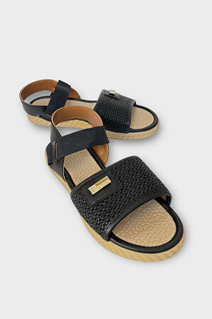 Kadın Hasır Tek Bant Lastik Detaylı Sandalet SİYAH