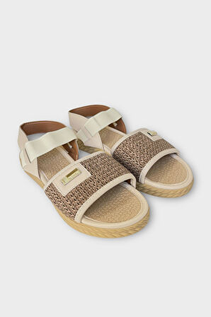 Kadın Hasır Tek Bant Lastik Detaylı Sandalet BEJ