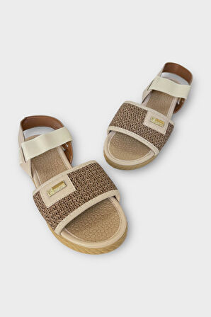 Kadın Hasır Tek Bant Lastik Detaylı Sandalet BEJ