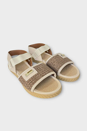 Kadın Hasır Tek Bant Lastik Detaylı Sandalet BEJ
