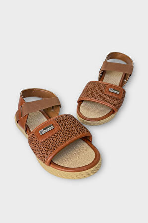 Kadın Hasır Tek Bant Lastik Detaylı Sandalet TABA