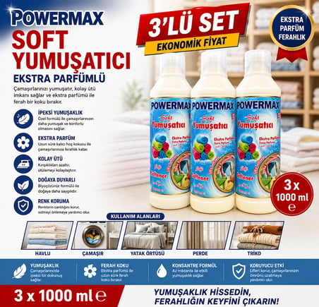 POWERMAX Soft Yumuşatıcı 1000 ml x3 Set Çamaşır Yumuşatıcı Uzun Süre Kalıcı Ferahlık