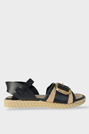 Kadın Tokalı Hasır Tek Bant Lastik Detaylı Sandalet SİYAH